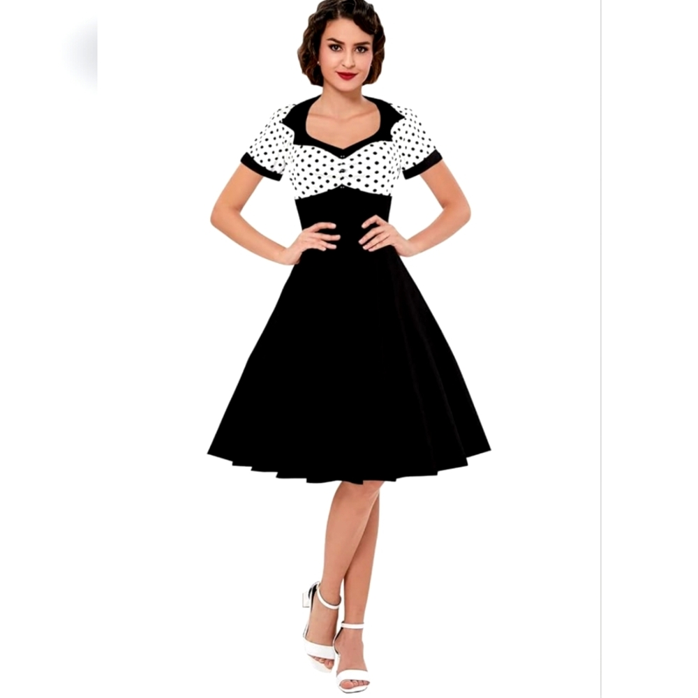 Mocha White/Black 50's Polka Dot Nwot Black Satin Pin up Retro Swing Dress